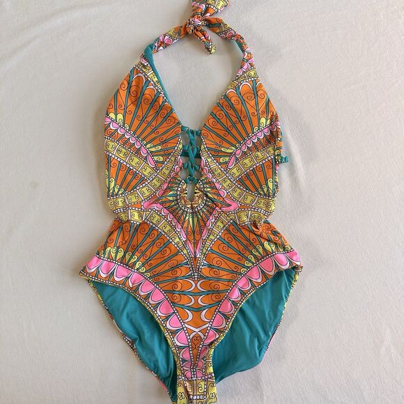 Trina Turk Capri Sherbet Halter Lace Up One Piece Swimsuit Sz 8 - Picture 2 of 8
